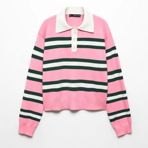 Mango MNG pink green trendy striped polo sweater soft size S